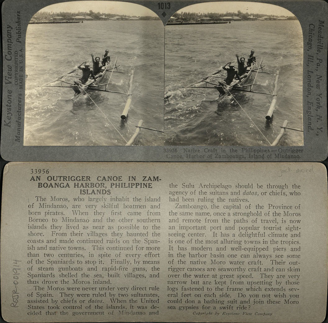 Native Craft in the Philippines – Outrigger Canoe, Harbor of Zamboanga, Island of Mindanao.